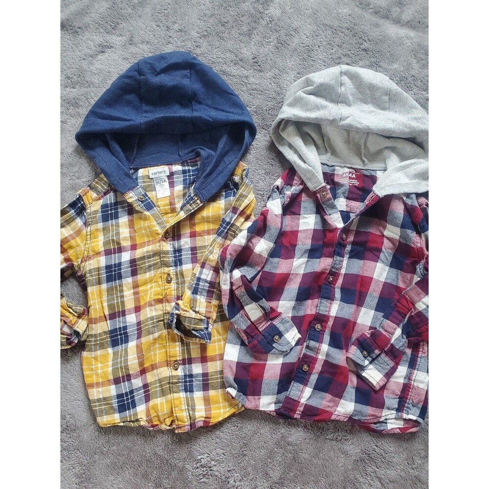 Carter's Toddler Boys Hooded Plaid Button Down Shirt Bundle Size 3/4T